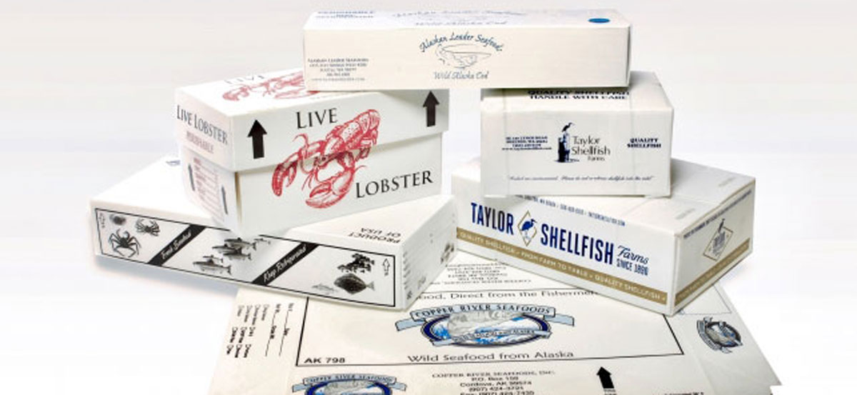 Printed seafood shipping boxes in a range of sizes